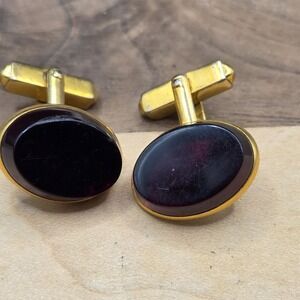 Vintage Gold Tone Swank Cufflinks With Black/Red Oval Stones